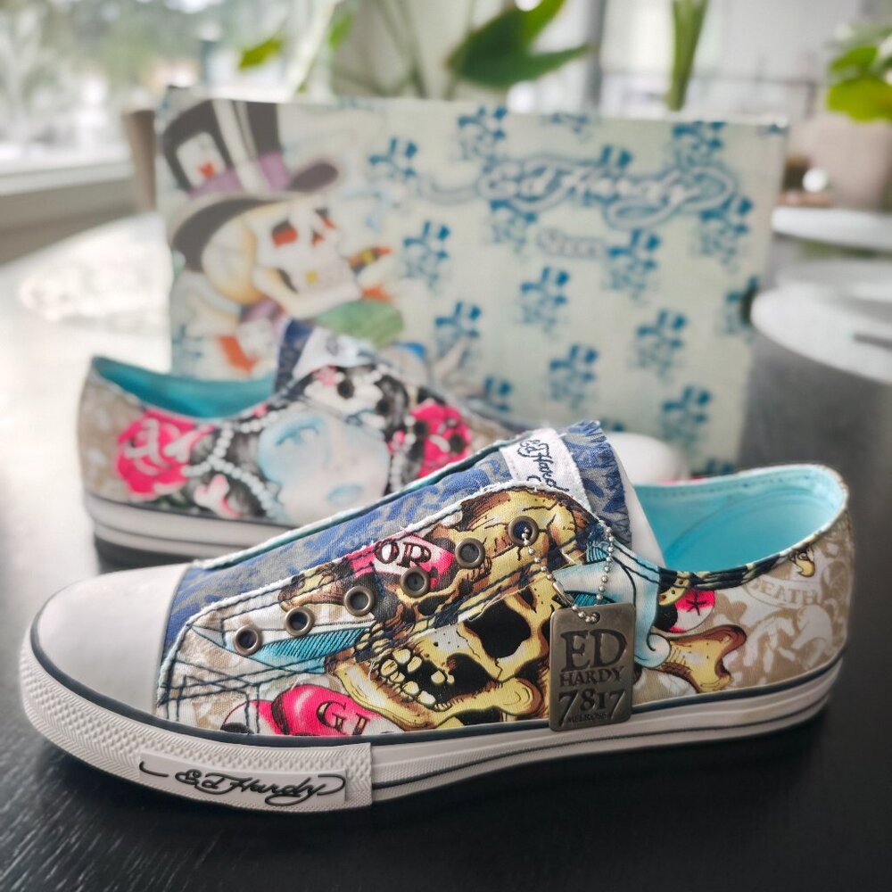 Ed Hardy "Death or Glory" slip-on sneakers Y2JK BNIB Size 12 Mens